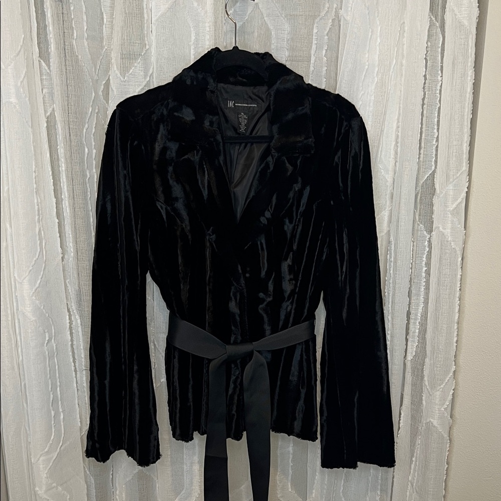 INC Faux Fur Jacket with Grosgrain Belt – Plush Black Short-Pile Fur – Size XL
